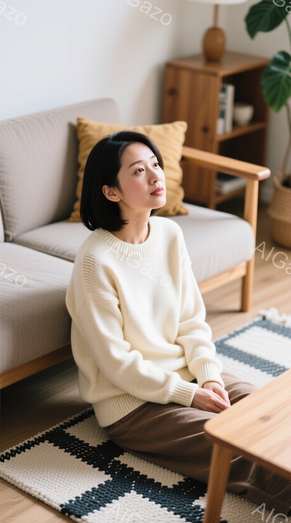 浅いクリーム色のセーターを着た若い女性が、床に座って少し考え込んでいる様子が描かれています。彼女は短めの黒髪で、穏やかな表情を浮かべています。背景には木製の家具、幾何学模様のラグ、そして観葉植物が見え、全体的に暖かく落ち着いた雰囲気です。