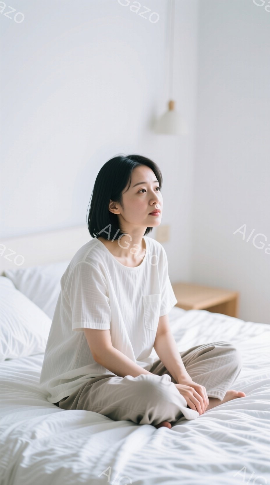 白いTシャツと薄いグレーのパンツ姿の女性が、白いベッドに座って何かを考えているような表情をしている。彼女は黒髪で、少しうつむき加減で、リラックスした姿勢で足を組んでいる。背景は白を基調としたシンプルな - AI生成フリー素材