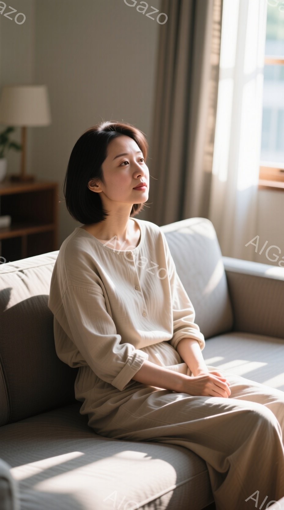 ベージュ色のソファに座る女性が写っている。彼女はゆったりとしたベージュ色のシャツとパンツを身につけ、短くダークブラウンのヘアスタイルをしている。彼女はわずかに微笑んでおり、窓の外を見つめているように見える。