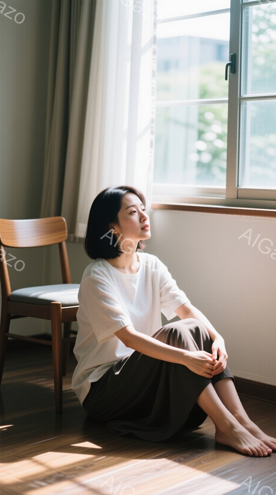 短い黒髪の女性が床に座り、白いTシャツとグレーのゆったりとしたパンツを身につけています。彼女は足を組み、窓の外を物憂げに見つめており、柔らかな光が彼女を照らしています。背景には木製の椅子と窓の外の建物が見え、全体的に穏やかで内省的な雰囲気が漂っています。