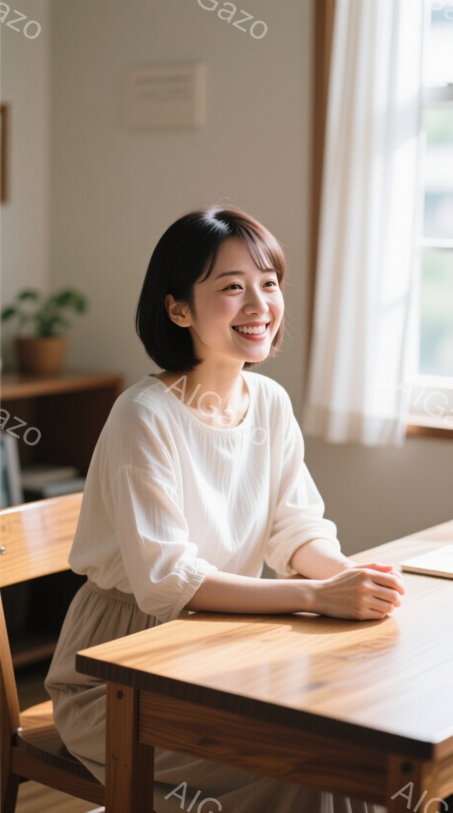 明るい色の木製テーブルに座る女性が写っている。彼女は白いゆったりとしたブラウスを着ており、短めのダークブラウンのヘアスタイルで、顔には穏やかな笑顔が浮かんでいる。背景にはぼんやりと室内が見え、全体的に温かく柔らかな雰囲気が漂っている。