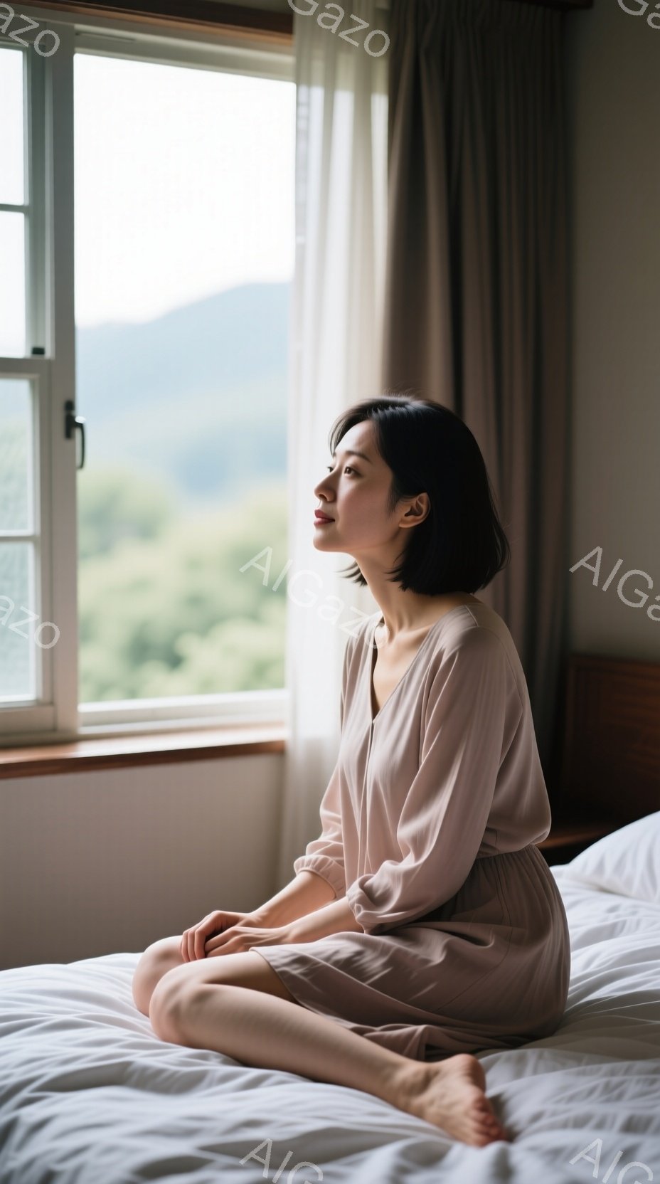 窓辺に座る女性は、淡いピンク色のゆったりとしたワンピースを着ており、短めの黒髪は肩にかかる程度に整えられています。彼女は足を組んで座り、遠くを見つめるように視線を送り、表情は穏やかで内省的です。背景には緑豊かな山々が広がり、柔らかい光が差し込み、静かで落ち着いた雰囲気を醸し出しています。