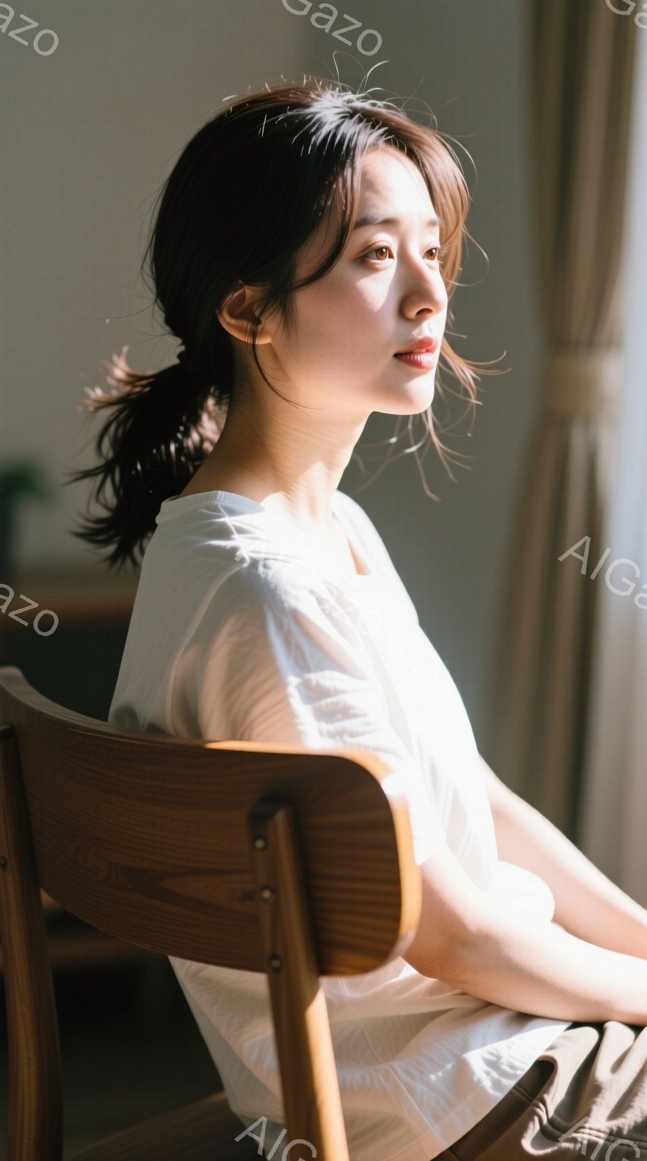 明るい光が差し込む室内で、女性が椅子に座り、少し横を向いて考え込んでいる様子が描かれています。彼女は白いシャツを着ており、髪は軽くまとめられています。表情は穏やかで、どこか物憂げな雰囲気が漂っています - AI生成フリー素材