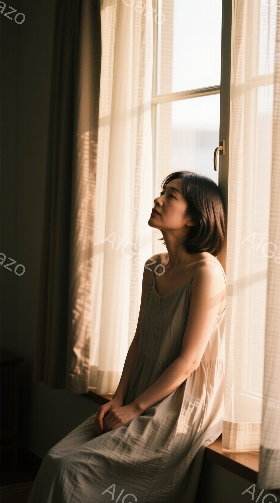 光の差し込む窓辺に座る女性が写っています。ベージュ色のキャミソールワンピースを着ており、短く切り揃えられた髪はダークブラウンで、表情は穏やかでどこか物憂げです。薄手のカーテンを通して柔らかい光が差し込 - AI生成フリー素材