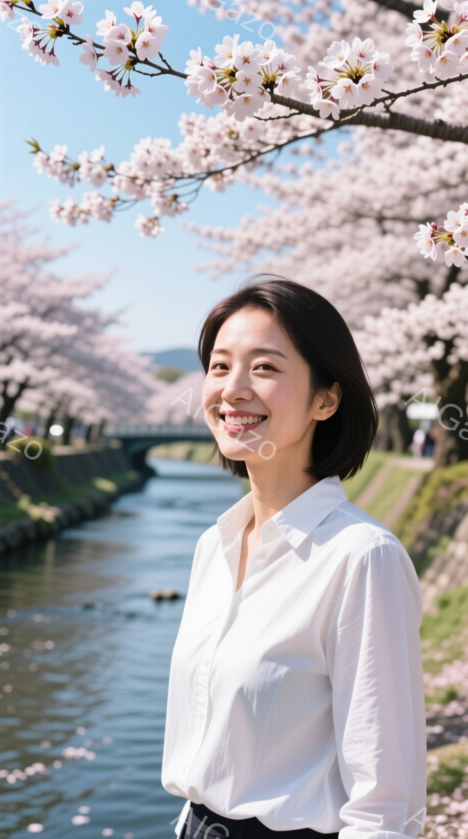 若い女性が白いシャツを着て、穏やかな笑顔を浮かべている。彼女は少し横を向き、背景には桜並木と水路、そして遠くに橋が見える。春らしい暖かく、穏やかな雰囲気が漂う写真である。