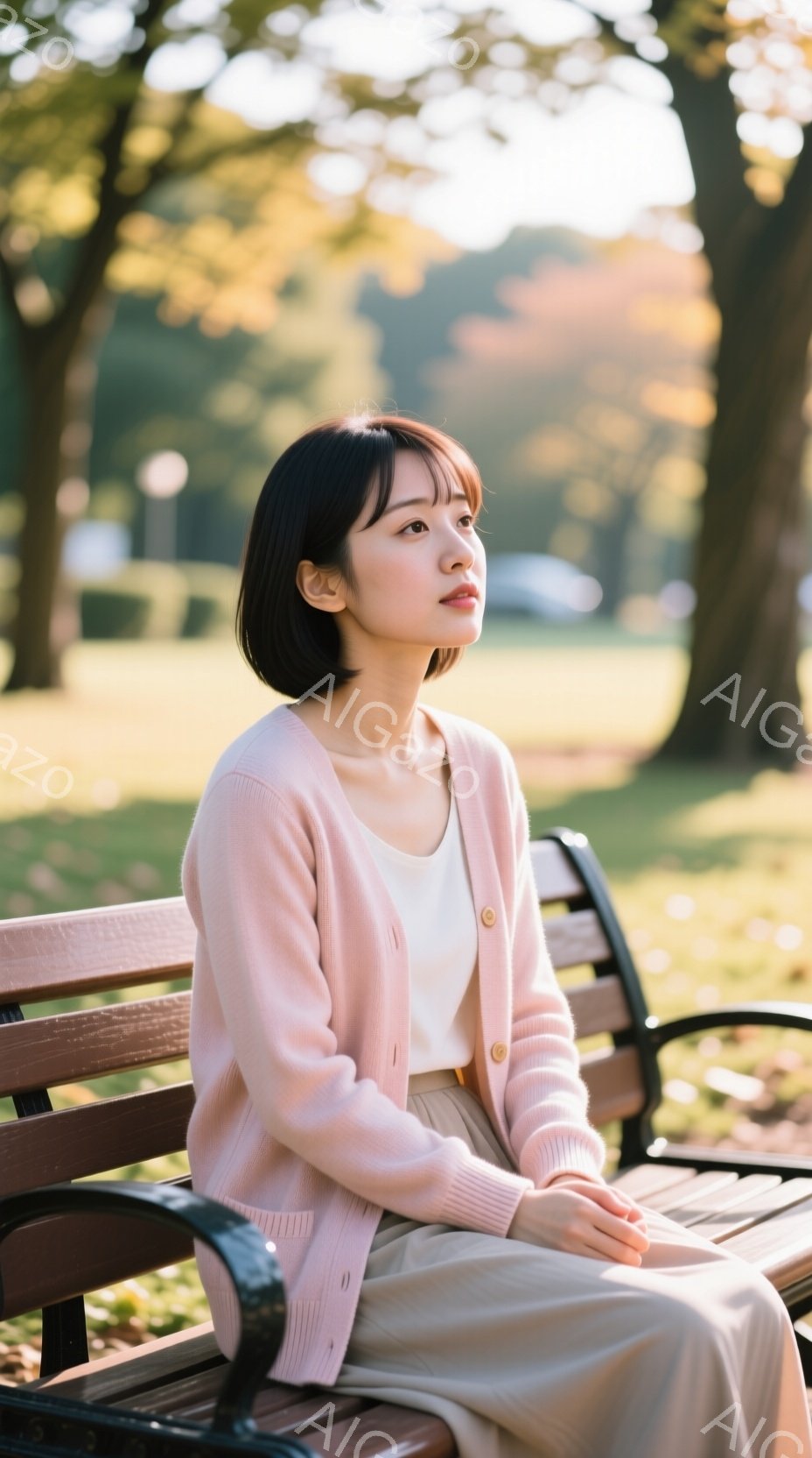 若い女性が公園のベンチに座っており、ピンク色のカーディガンと白いタンクトップ、ベージュ色のパンツを着用しています。彼女は黒髪のショートボブで、少し上を見つめ、穏やかな表情をしています。背景には緑豊かな木々が広がり、暖かく柔らかな光が差し込み、静かで平和な雰囲気を醸し出しています。