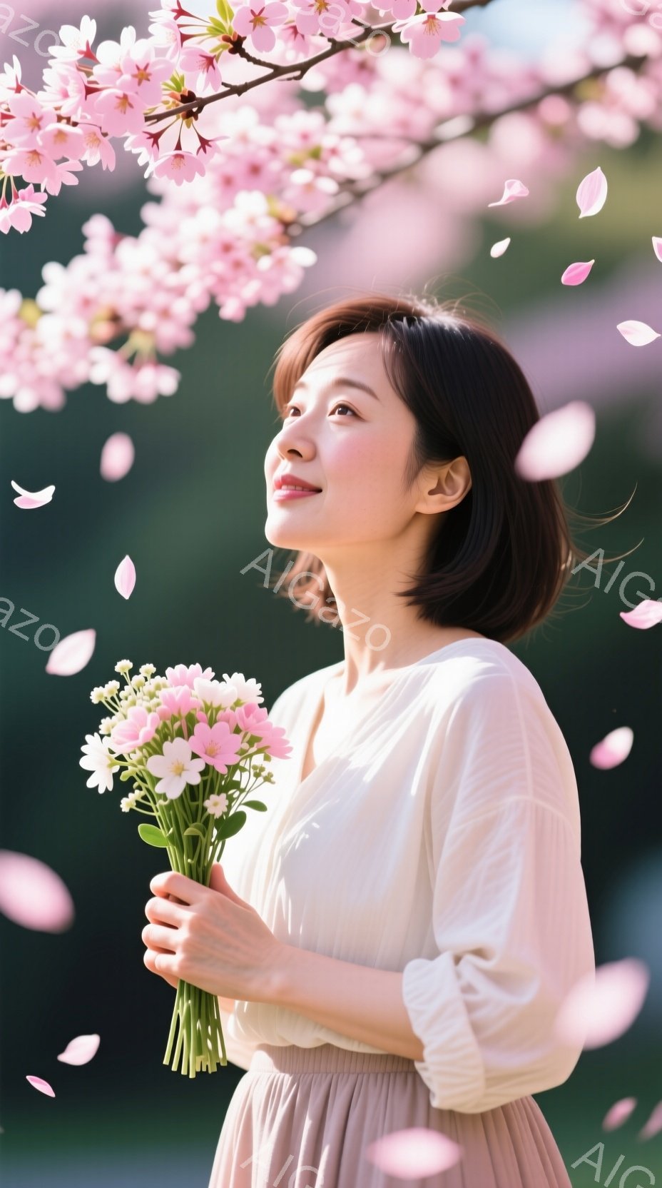 浅いピンク色の桜の花びらが舞い散る中、白いブラウスとベージュのスカートを着た女性が、手にピンク色の花束を抱えています。彼女は少し上を見上げ、穏やかな微笑みを浮かべており、背景にはぼやけた桜の木々が広がっています。 全体的に、春の暖かさと優しさを感じさせる、ロマンチックで穏やかな雰囲気です。
