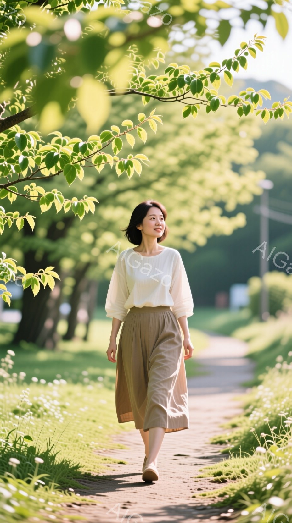 明るい日差しの下、女性が遊歩道を歩いている。オフホワイトのブラウスとベージュのミモレ丈スカートを身につけ、髪は肩までの長さで軽くカールしている。背景には緑豊かな木々と遊歩道が広がり、爽やかで穏やかな雰囲気が漂っている。