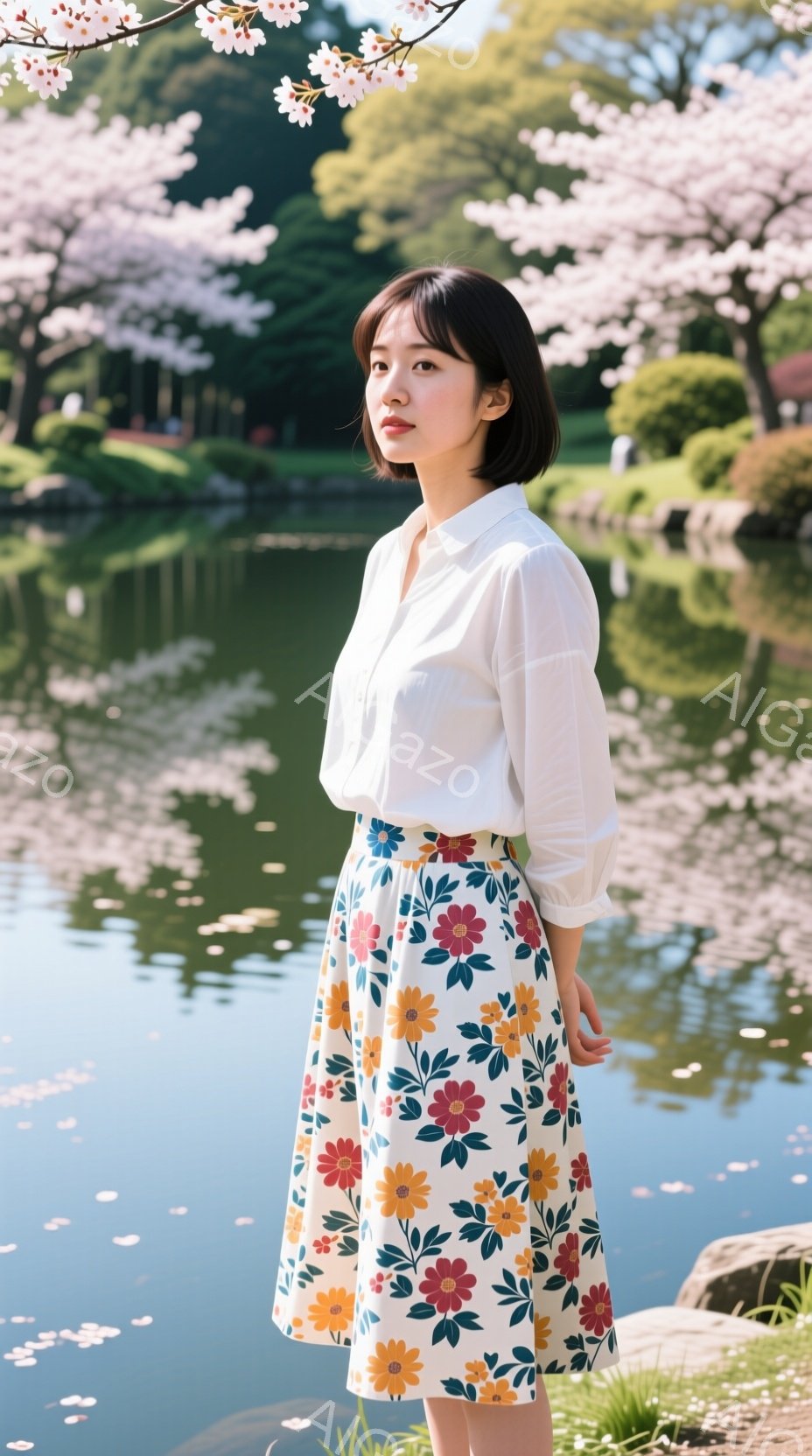 彼女は白いブラウスと、赤、黄、緑の花柄のフレアスカートを身に着けています。少し微笑んだ表情で、穏やかな視線を正面に向け、リラックスした姿勢で立っています。背景には、桜の花びらが舞い散る池があり、春の穏 - AI生成フリー素材