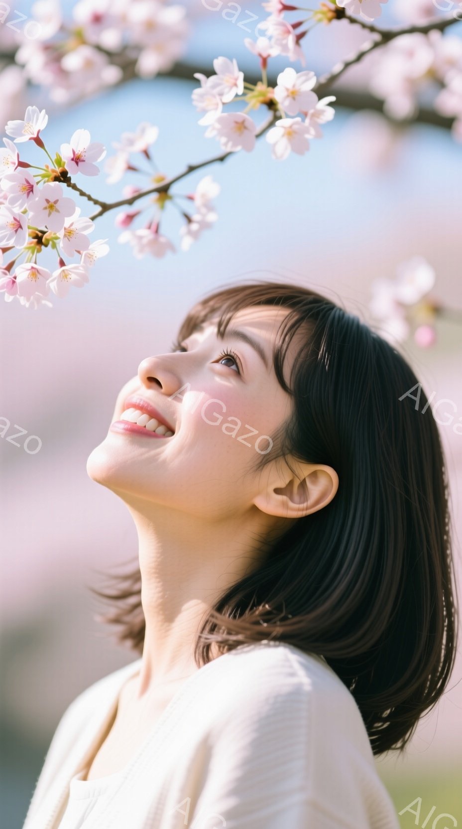 短い黒髪で、首を少し傾げ、空を見上げている女性が写っています。オフホワイトのシンプルなシャツを着ており、穏やかな微笑みを浮かべています。背景には、桜の花びらが咲き乱れ、春の暖かく優しい雰囲気が漂ってい - AI生成フリー素材