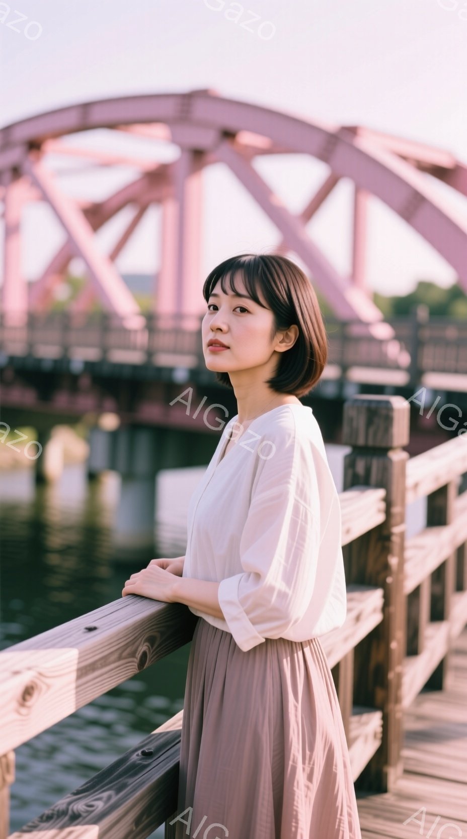 若い女性が、橋の欄干にもたれかかって立っている。彼女はオフホワイトのゆったりとしたブラウスと、くすんだピンク色のロングスカートを身に着けており、前髪を揃えたショートボブヘアが特徴的だ。背景には、緑豊か - AI生成フリー素材