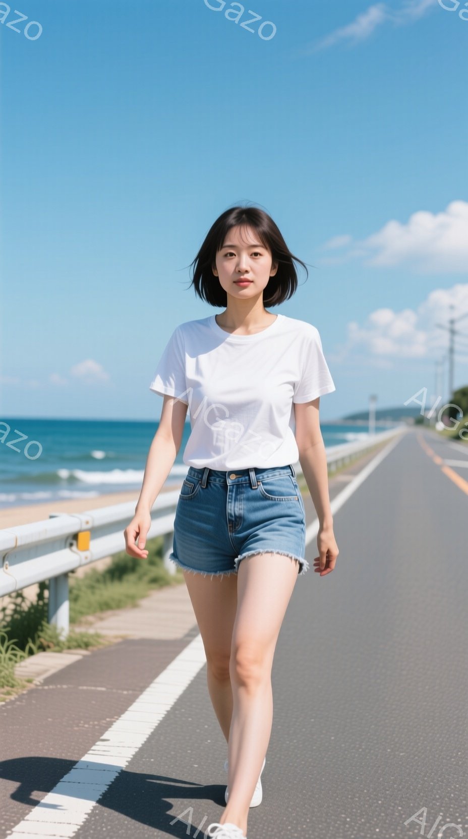 短い髪の女性が、アスファルトの道の上を歩いている。白いTシャツとデニムのショートパンツを身に着け、白いスニーカーを履いている。背景には青い海と緑の草地、そして晴天の空が広がり、開放的な雰囲気が漂っている。