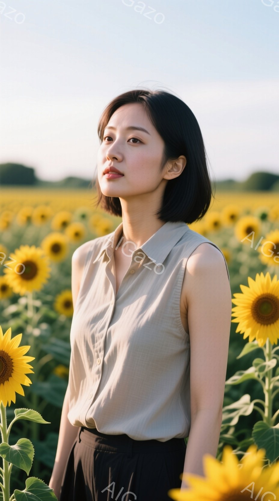 金髪のひまわり畑の中に、ベージュ色のシャツと黒いパンツを着た女性が立っている。彼女は短い黒髪で、穏やかでわずかに微笑んだ表情をしている。背景には、広大なひまわり畑が広がり、晴れた空の下、暖かい夏の雰囲気が漂っている。