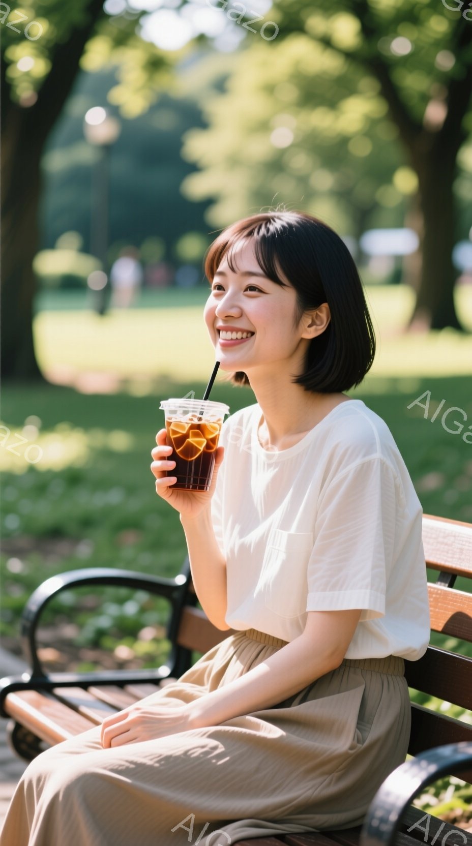 若い女性が公園のベンチに座り、アイスティーを飲んでいます。彼女は短い黒髪で、白いTシャツとベージュのパンツを着用しており、穏やかな笑顔を浮かべて遠くを見つめています。背景には緑豊かな木々と芝生があり、晴れた日の穏やかな雰囲気が漂っています。