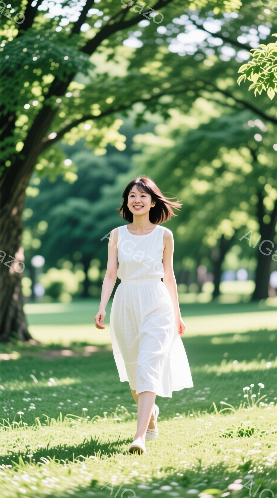 白いワンピースを着た女性が、緑豊かな公園を歩いている様子が写っている。彼女は髪を軽く巻いており、顔には穏やかな笑顔が浮かんでいる。背景には木々が生い茂り、日差しが柔らかく差し込み、爽やかで平和な雰囲気 - AI生成フリー素材