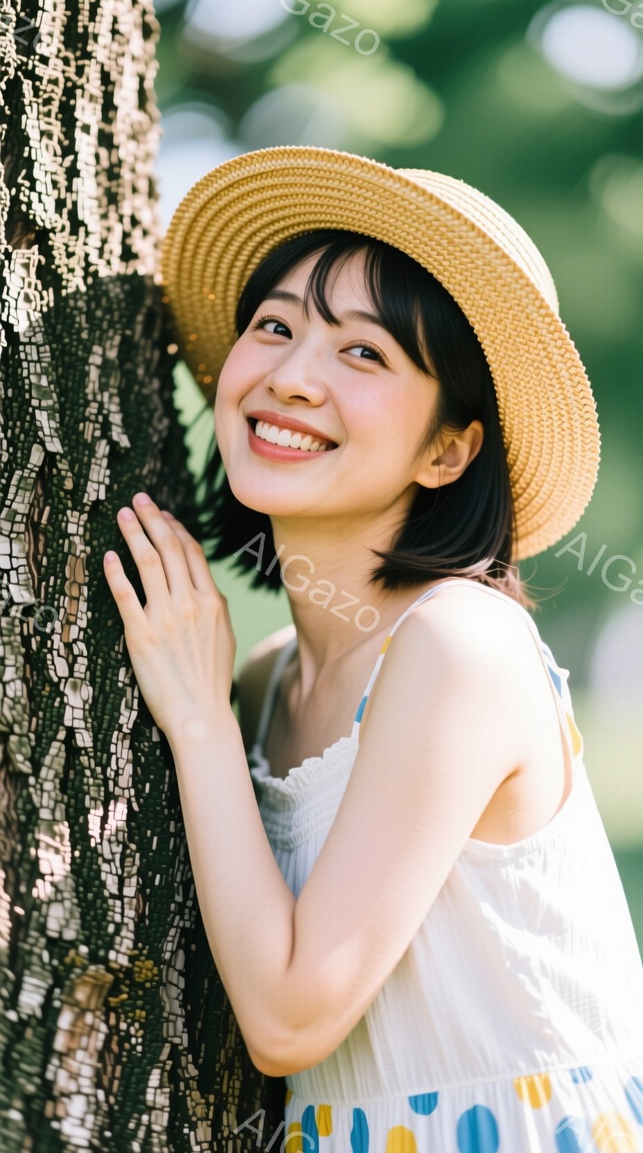麦わら帽子を被った若い女性が、木の幹に寄りかかって微笑んでいます。白いキャミソールワンピースに身を包み、短い黒髪は肩にかかっています。背景は緑豊かな自然で、晴れた日の穏やかな雰囲気が漂っています。