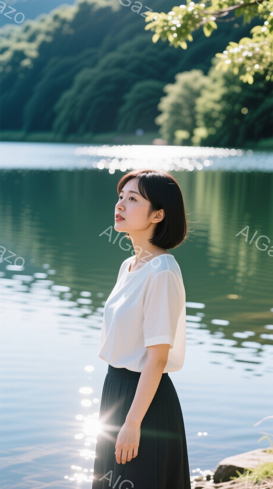 短い黒髪で、白いブラウスと黒いプリーツスカートを身につけた女性が写っている。彼女は横顔で、少し上を見つめ、穏やかな表情を浮かべている。背景は緑豊かな水面で、太陽の光が反射し、静かで平和な雰囲気を醸し出している。