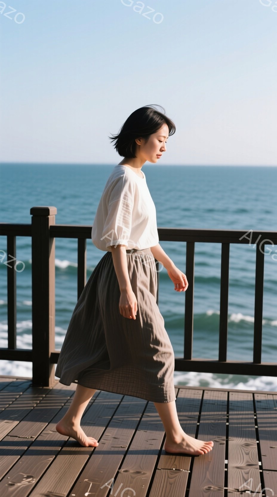 海を背景に、素足でデッキを歩く女性が写っている。ベージュのゆったりとしたスカートと白いブラウスを着ており、短い黒髪は肩にかかっている。背景には青い海と白い波が広がり、晴れた日の穏やかな雰囲気が漂ってい - AI生成フリー素材