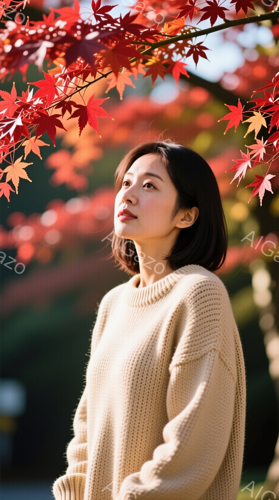 モデルは、クリーム色のざっくりとしたニットセーターを着て、少し上を見つめています。彼女はダークブラウンの短いボブヘアで、穏やかでわずかに物憂げな表情をしています。背景には鮮やかな赤色の紅葉が広がり、秋の穏やかな雰囲気を醸し出しています。