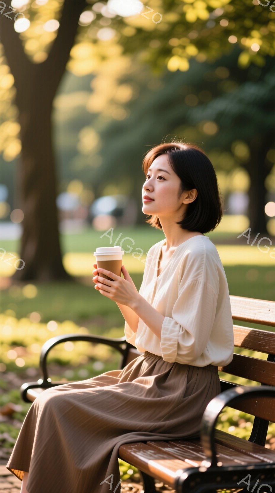 明るい色のブラウスと茶色のプリーツスカートを着た若い女性が公園のベンチに座っています。彼女はリラックスした表情で、片手に紙コップを持っています。背景には木々が生い茂り、柔らかな光が差し込み、穏やかで暖かい雰囲気を醸し出しています。