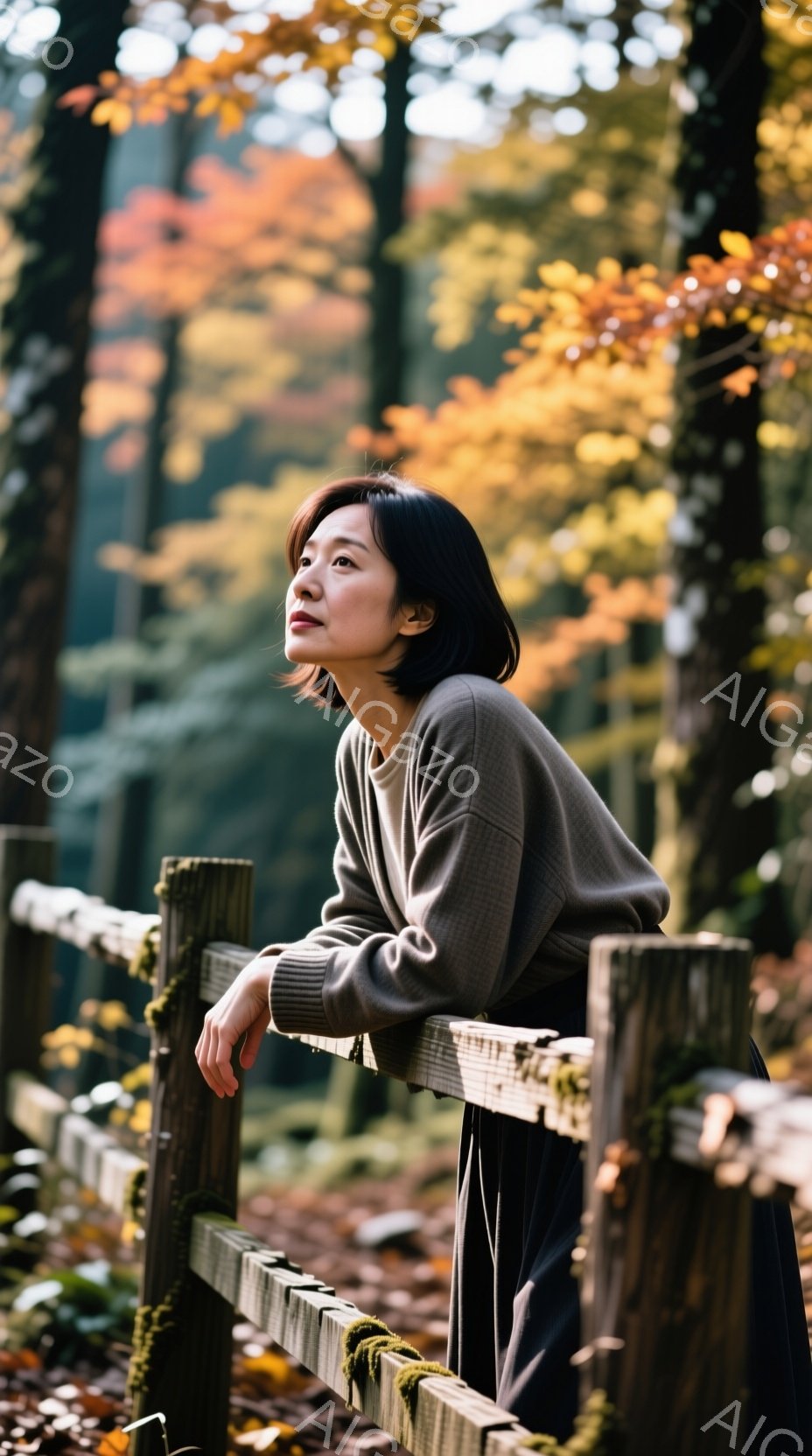 画像には、茶色のニットセーターと濃いグレーのスカートを着た若い女性が写っている。彼女は木製の柵にもたれかかり、少し上を見つめる表情をしており、穏やかで物思いにふけるような雰囲気である。背景は秋の紅葉で彩られた森で、柔らかい光が差し込み、温かくノスタルジックな情景を作り出している。