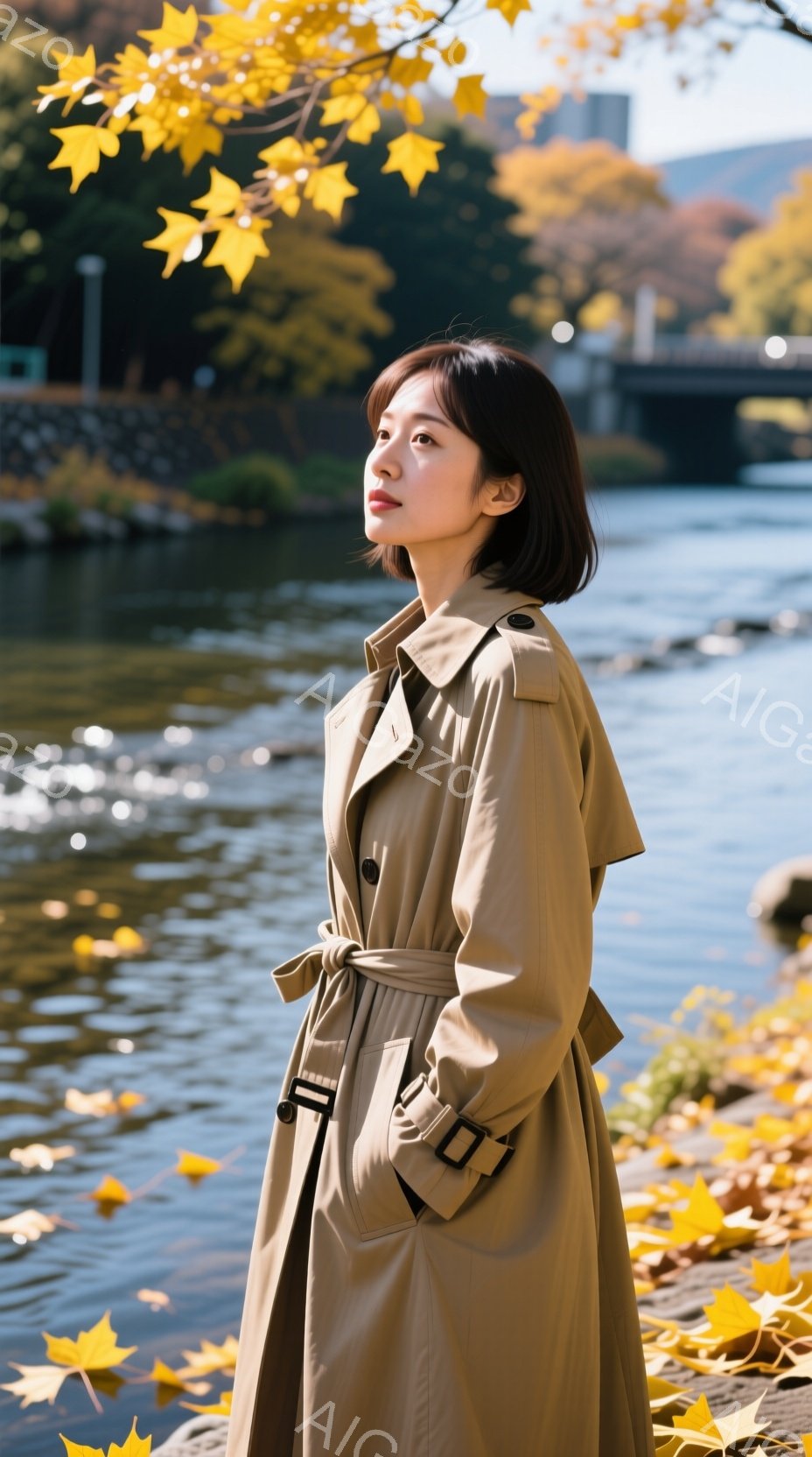 画像には、ベージュ色のトレンチコートを着た若い女性が写っています。彼女は黒髪のショートボブで、少し上目線で遠くを見つめており、物憂げな表情をしています。背景には川と、紅葉した木々、そして遠くに見える建 - AI生成フリー素材