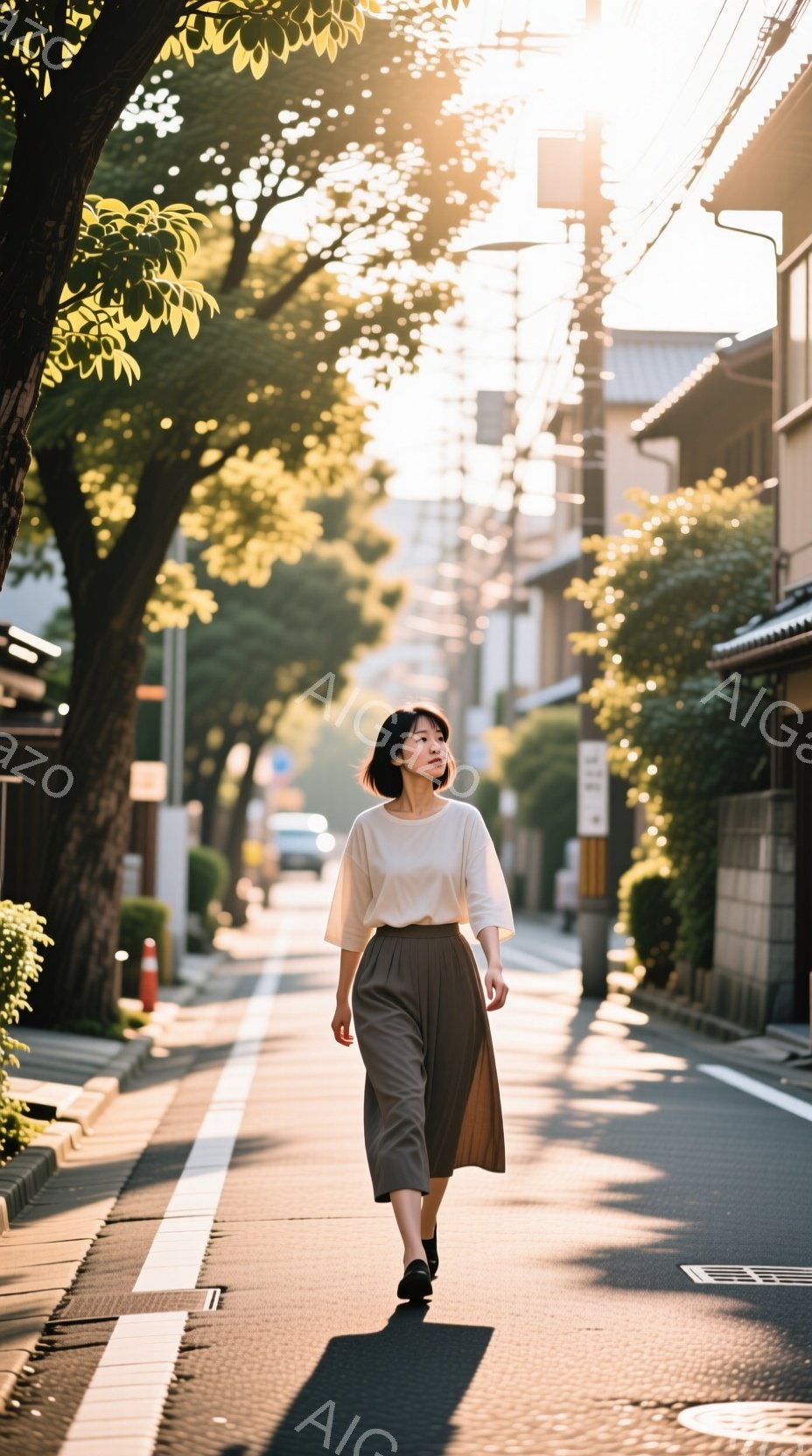 短いボブヘアの女性が、グレーのミディアム丈スカートと白いブラウスを着て、日当たりの良い住宅街の道を歩いている。彼女は正面を見ており、表情は穏やかで、少し微笑んでいるように見える。背景には住宅、街路樹、そして強い日差しが差し込み、全体的に暖かく穏やかな雰囲気である。