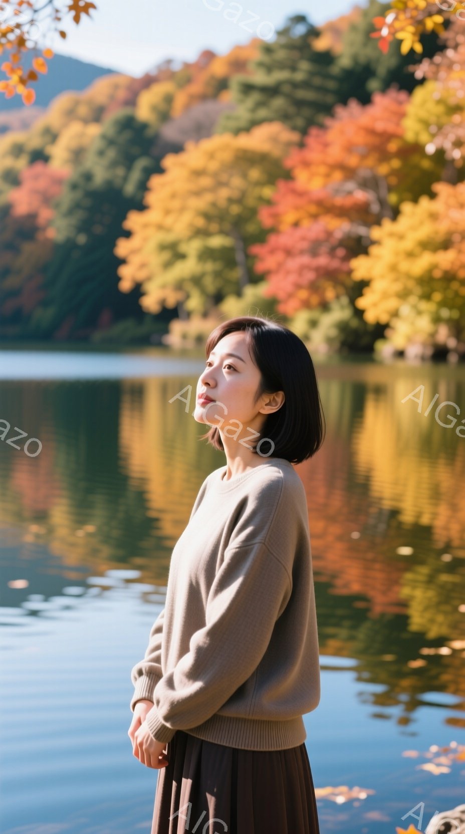 画像には、茶色のセーターとプリーツスカートを着た若い女性が写っています。彼女は少し上を見上げており、穏やかで物憂げな表情をしています。背景には、鮮やかな紅葉に染まった山々と、その景色を映し出す穏やかな - AI生成フリー素材
