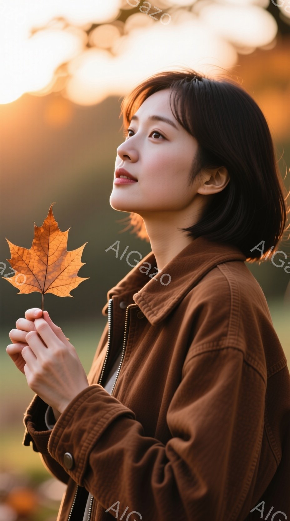 濃い茶色のジャケットを着た若い女性が、手に紅葉の葉を持って何かを見つめています。彼女は黒髪のショートボブで、少し微笑んだ表情をしています。背景は暖色系の光に包まれた自然で、秋の穏やかな雰囲気が漂っています。
