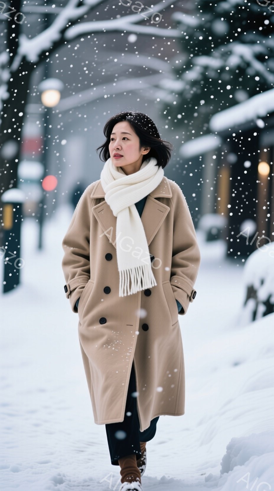 画像には、ベージュ色のコートを着て、白いマフラーを巻いた女性が写っています。彼女は少し微笑んでおり、雪の降る街を歩いている様子です。背景には雪に覆われた建物や木々が見え、冬の穏やかな雰囲気が漂っています。