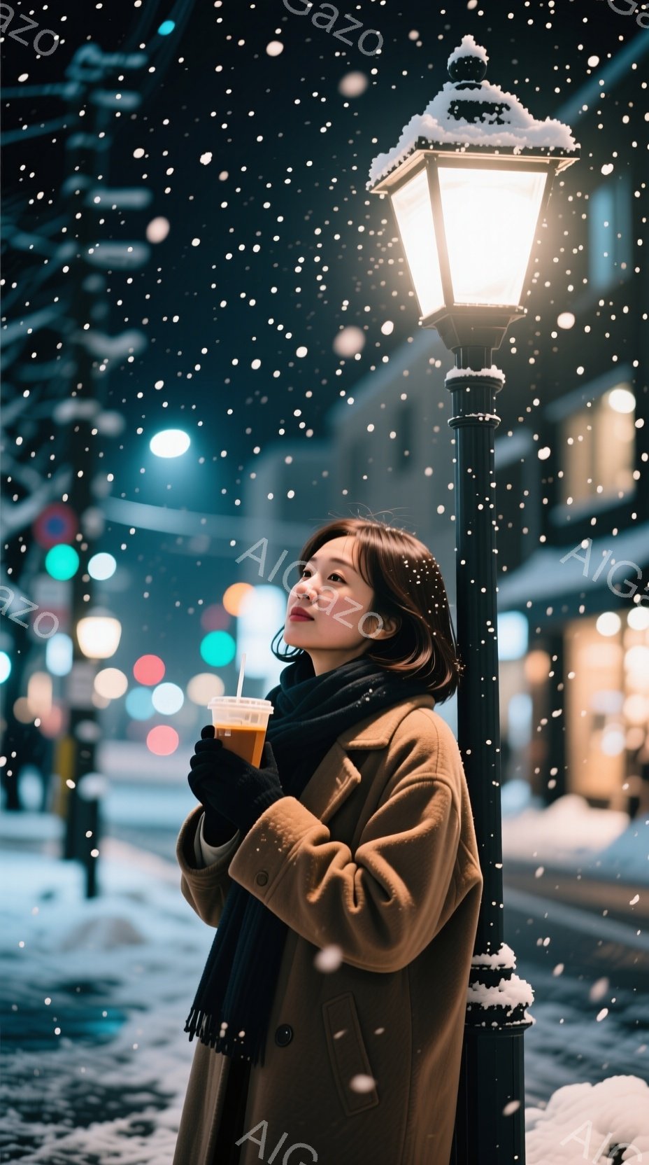 長いキャメルのコートに黒いマフラーを巻いた若い女性が、雪が降る夜の街で暖かい飲み物を持っています。彼女は少し上を見上げて、どこか考え込んでいるような表情をしています。背景にはぼやけた街灯と建物、そして雪が舞い散る様子が描かれており、静かでロマンチックな雰囲気を醸し出しています。