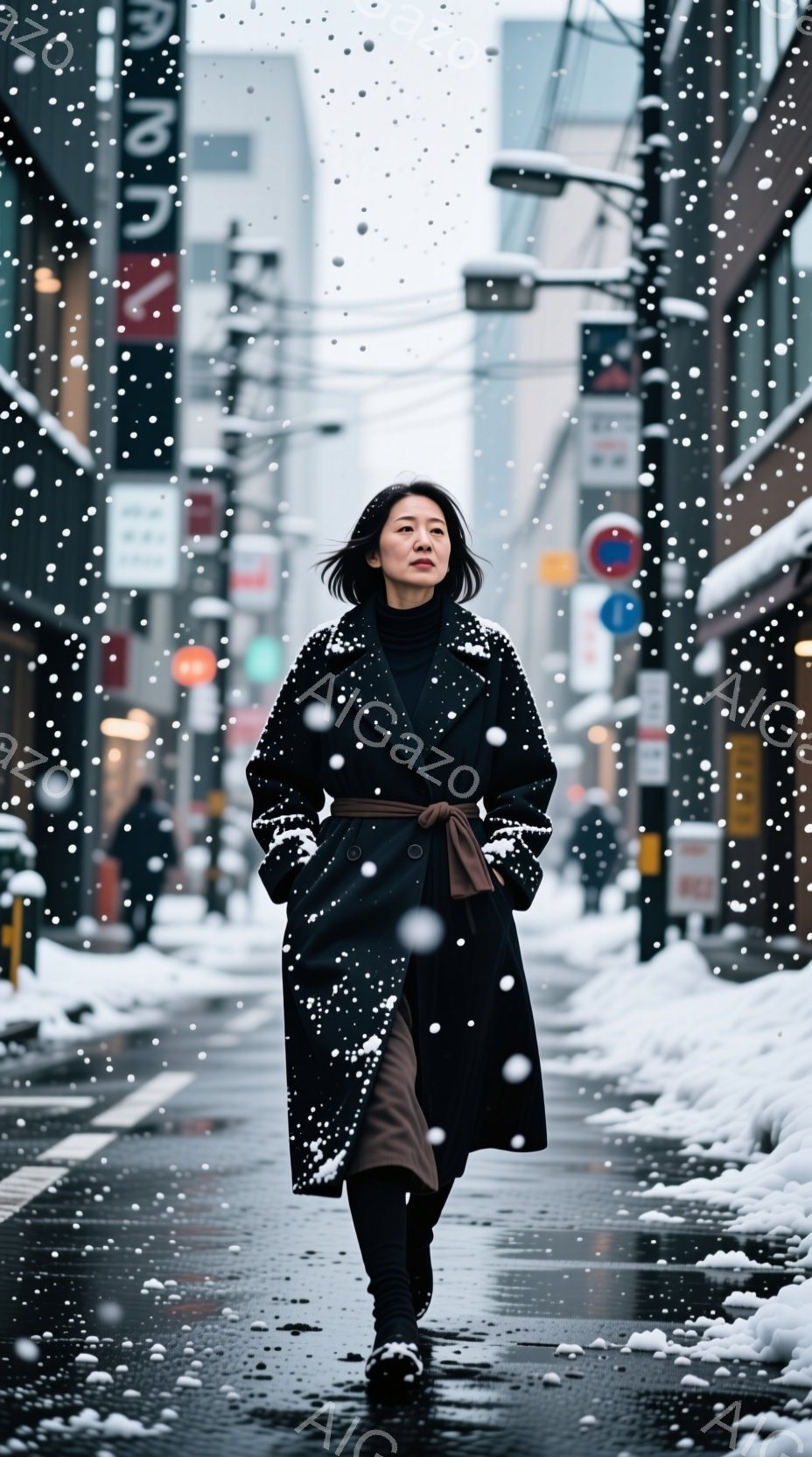 雪が降る街を、黒いロングコートを着た女性が歩いている。彼女はダークブラウンの髪を肩のあたりで切り揃え、やや前を向いた姿勢で、落ち着いた表情を浮かべている。背景には、雪に覆われた建物や道路が見え、冬の静かで穏やかな雰囲気が漂っている。
