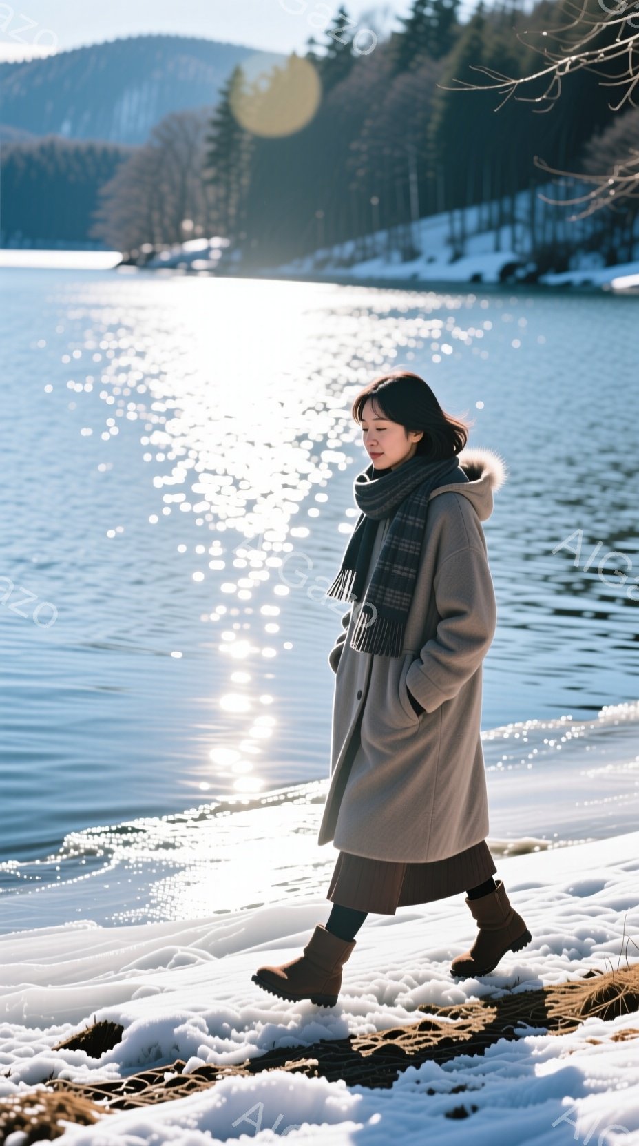 明るい日差しが降り注ぐ湖畔で、女性がベージュのコートとグレーのスカートを身につけ、歩いている。彼女はダークブラウンの髪を肩まで伸ばし、うつむき加減に景色を見つめているようだ。背景には雪をまとった山々と穏やかな湖面が広がり、静かで穏やかな冬の雰囲気が漂っている。