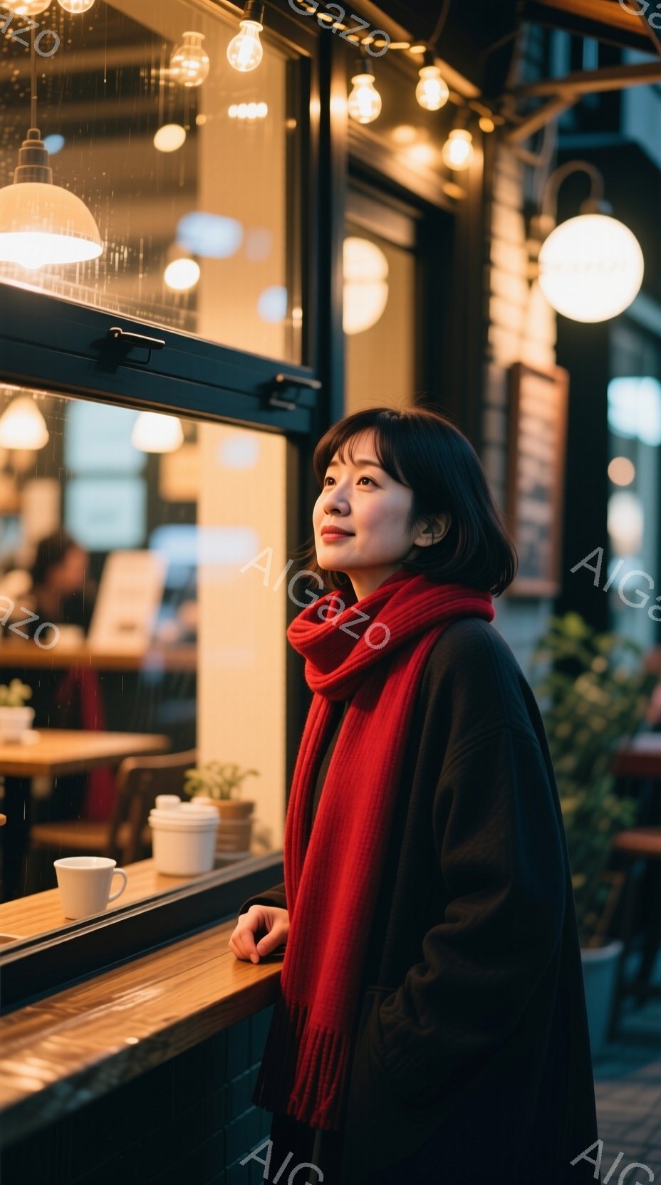 赤いスカーフを巻いた女性が、屋外のカウンターにもたれて少し上を見ている。彼女は黒いコートを着ており、ダークトーンのショートヘアは肩にかかっている。背景は薄暗く、雨が降っているようで、カウンター上にはいくつかの飲み物や植物が置かれている。