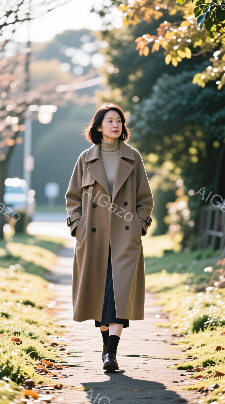茶色のトレンチコートを着た女性が、緑の芝生が広がる遊歩道を歩いている。彼女は黒いタイツと靴を履き、髪は肩のあたりで内巻きになっている。日差しが差し込み、遊歩道に影が落ちており、穏やかで落ち着いた雰囲気が漂っている。
