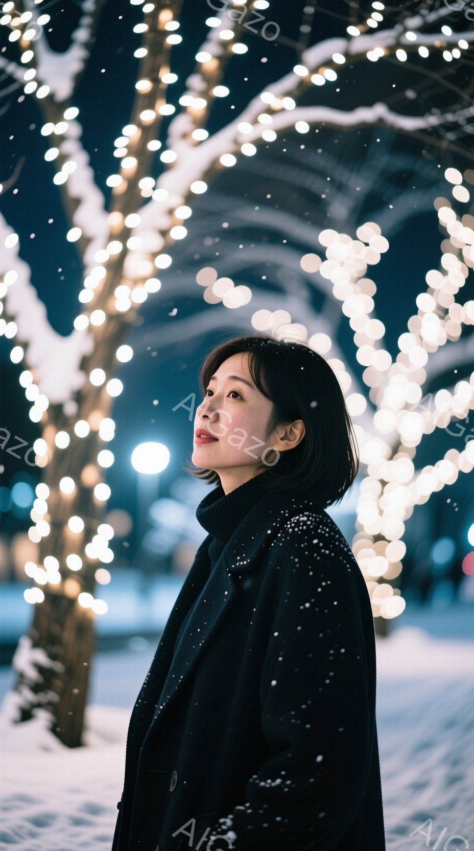 ショートヘアの女性が黒いコートを着て、少し上を見ている。雪が舞い散る中で、彼女の表情は穏やかで、どこか物憂げだ。背景にはぼやけた光のイルミネーションがあり、冬の夜の静かで幻想的な雰囲気を醸し出している - AI生成フリー素材