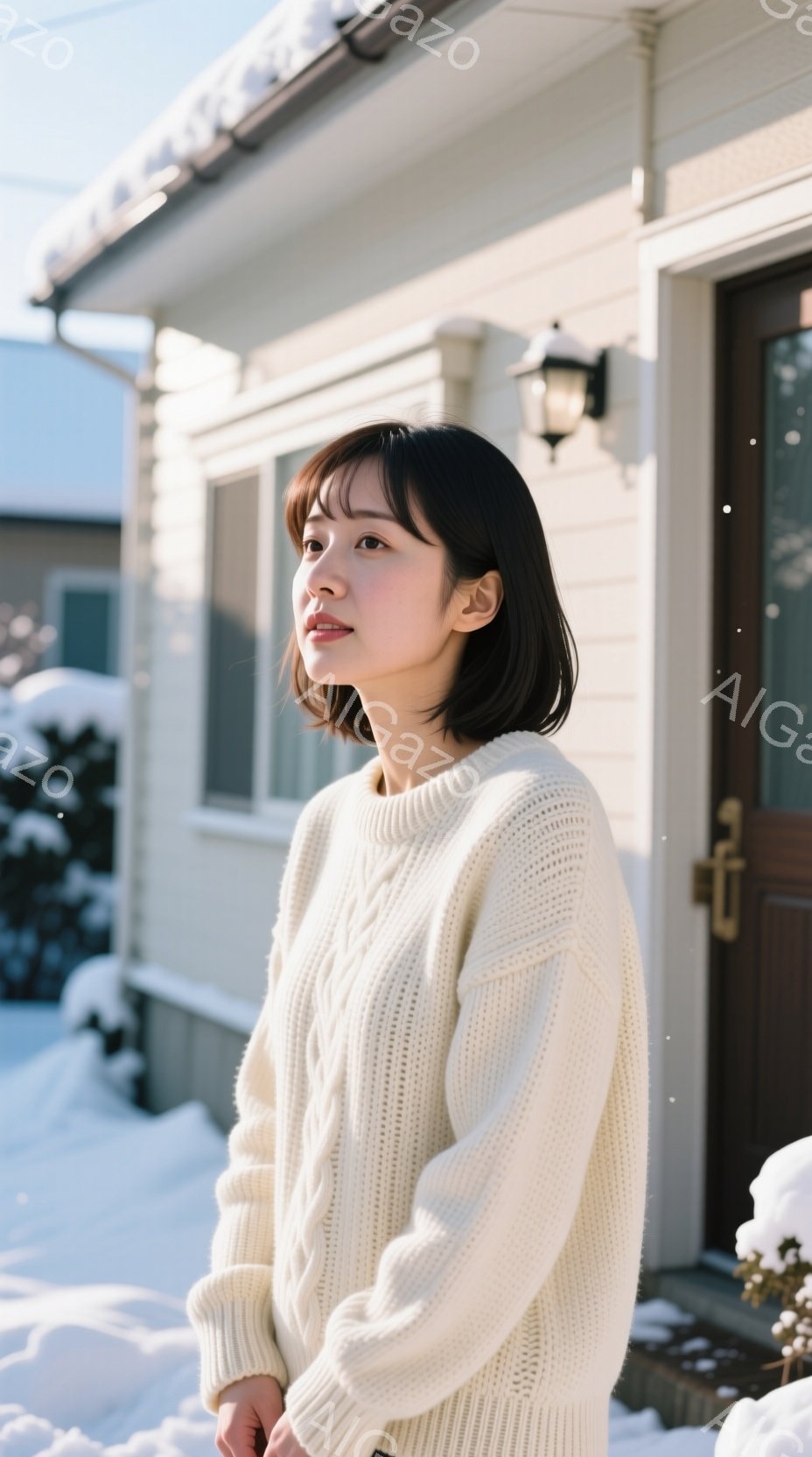 彼女はオフホワイトのケーブルニットセーターを着ており、短くダークブラウンのヘアスタイルで、少し微笑んでいます。彼女は正面を少し見た横向きの姿勢で立っており、背景には雪に覆われた家の外観が見えます。全体的に、穏やかで冬らしい雰囲気が漂っています。