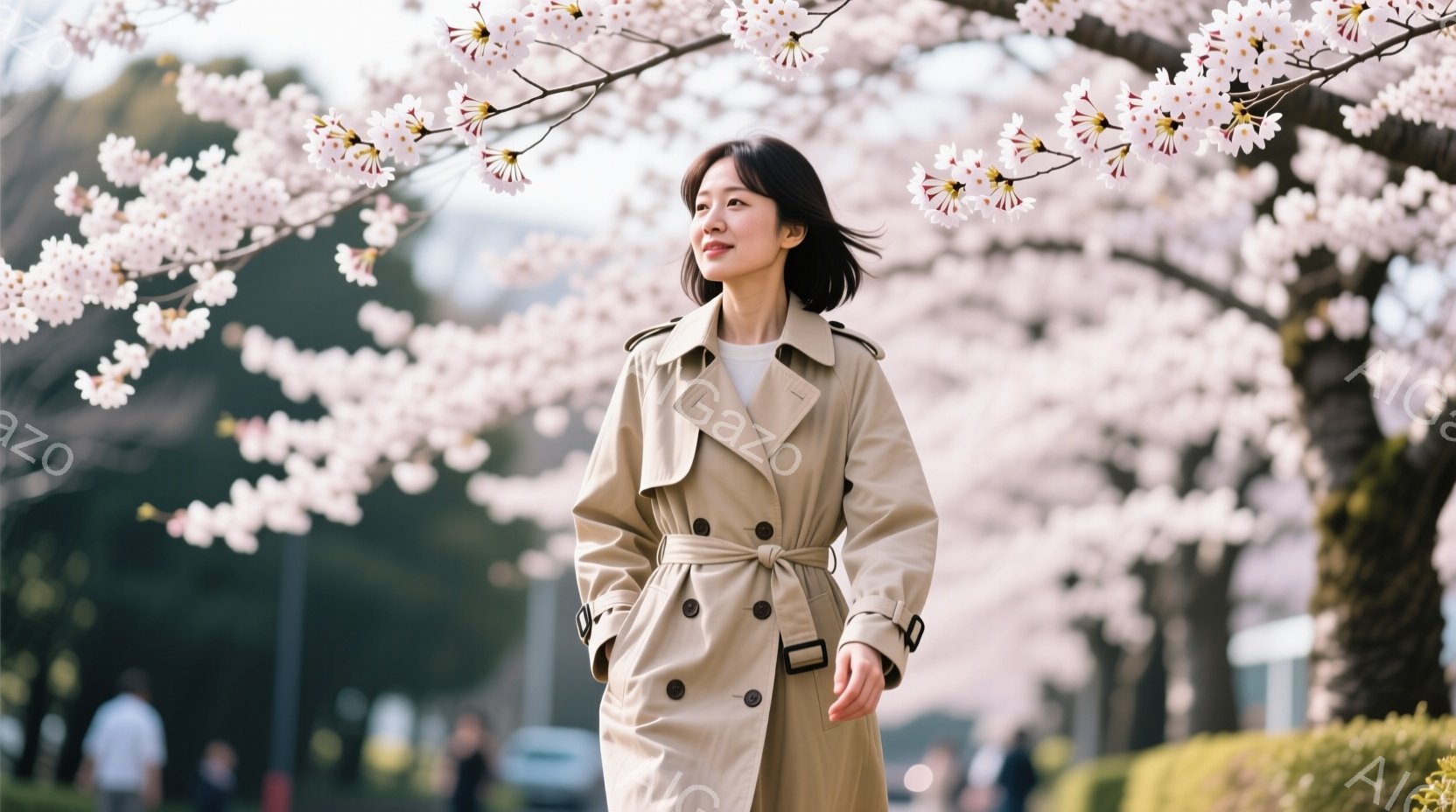 画像には、ベージュ色のトレンチコートを着た若い女性が写っています。彼女は少し上を見上げ、穏やかな表情を浮かべています。背景には桜並木が広がり、春の暖かな日差しが降り注いでおり、穏やかで優しい雰囲気を醸 - AI生成フリー素材