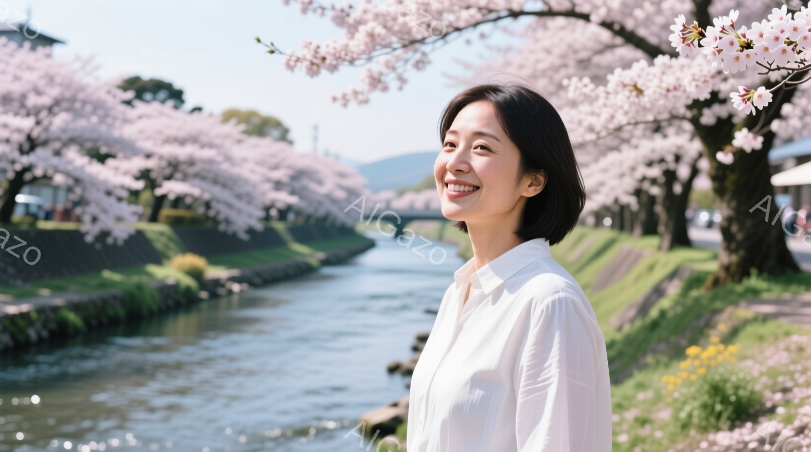 若い女性が白いシャツを着て、穏やかな笑顔で何かを見つめています。彼女は黒髪のショートヘアで、川沿いの遊歩道を歩いているようです。背景には桜並木が咲き誇り、穏やかな春の陽気を感じさせる、美しい風景が広がっています。