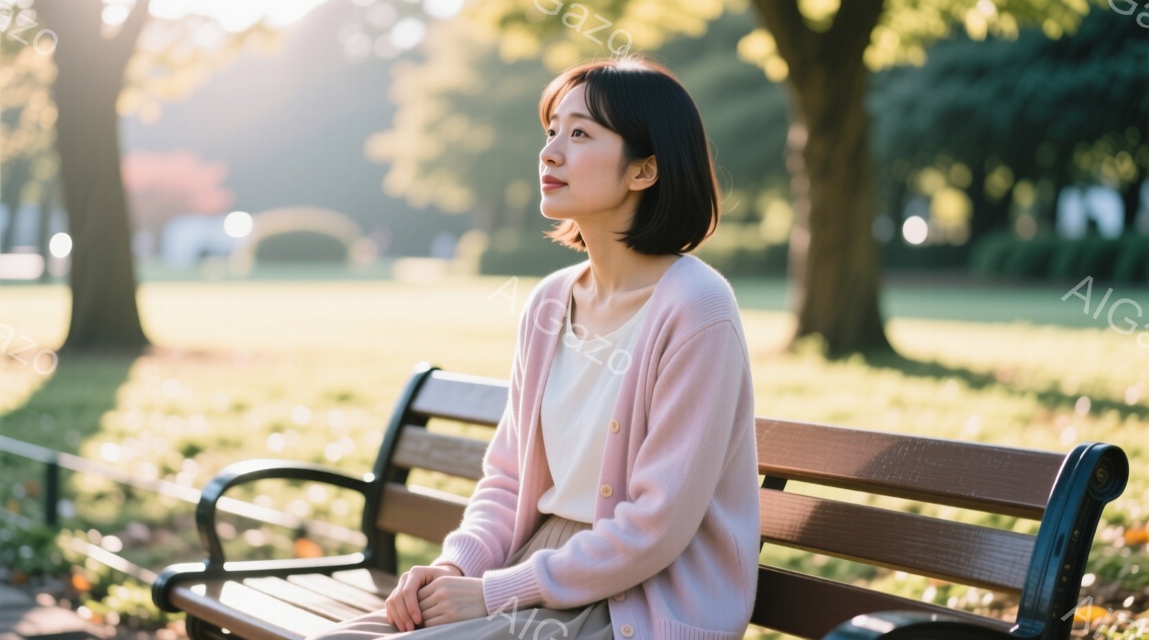 公園のベンチに座る女性は、薄いピンク色のカーディガンとベージュのパンツを身に着けている。彼女は黒髪のショートボブで、少し物憂げな表情で遠くを見つめている。背景には緑豊かな芝生と木々、そしてぼんやりとした建造物があり、穏やかで少し寂しげな雰囲気を醸し出している。