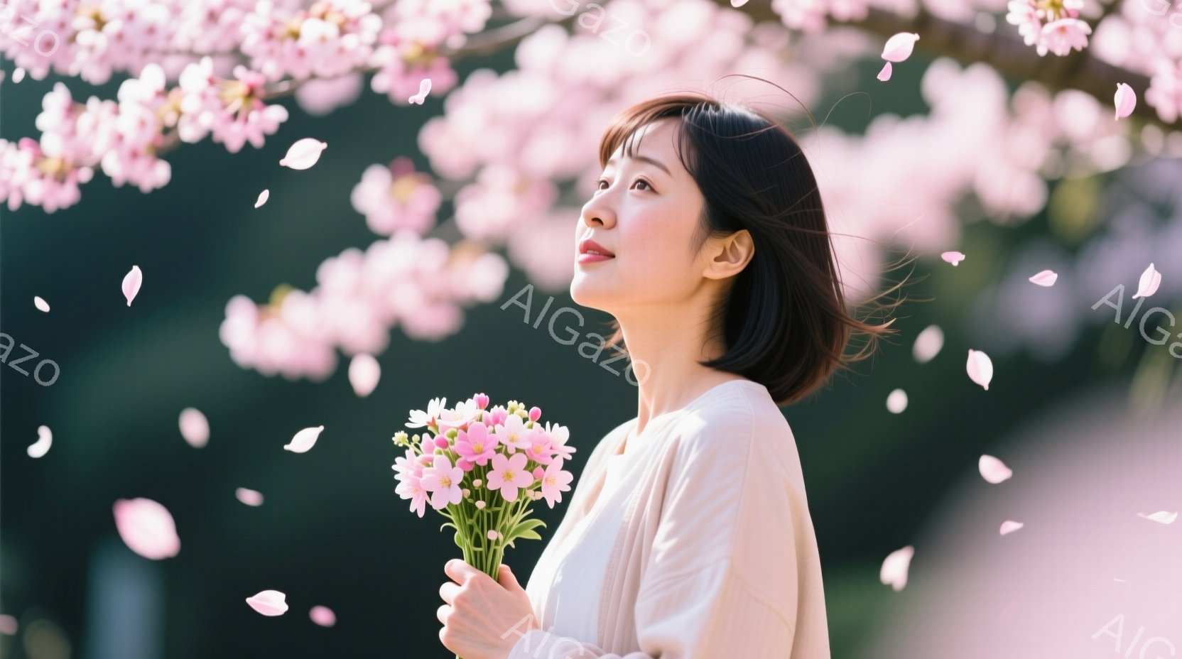 若い女性が桜の花びらが舞う中で、淡いピンク色の花束を手にしている。彼女はクリーム色のセーターを着ており、肩までの長さの黒髪は少し風になびいている。彼女は少し上を見つめ、穏やかで微笑ましい表情を浮かべており、春の暖かく優しい雰囲気を醸し出している。