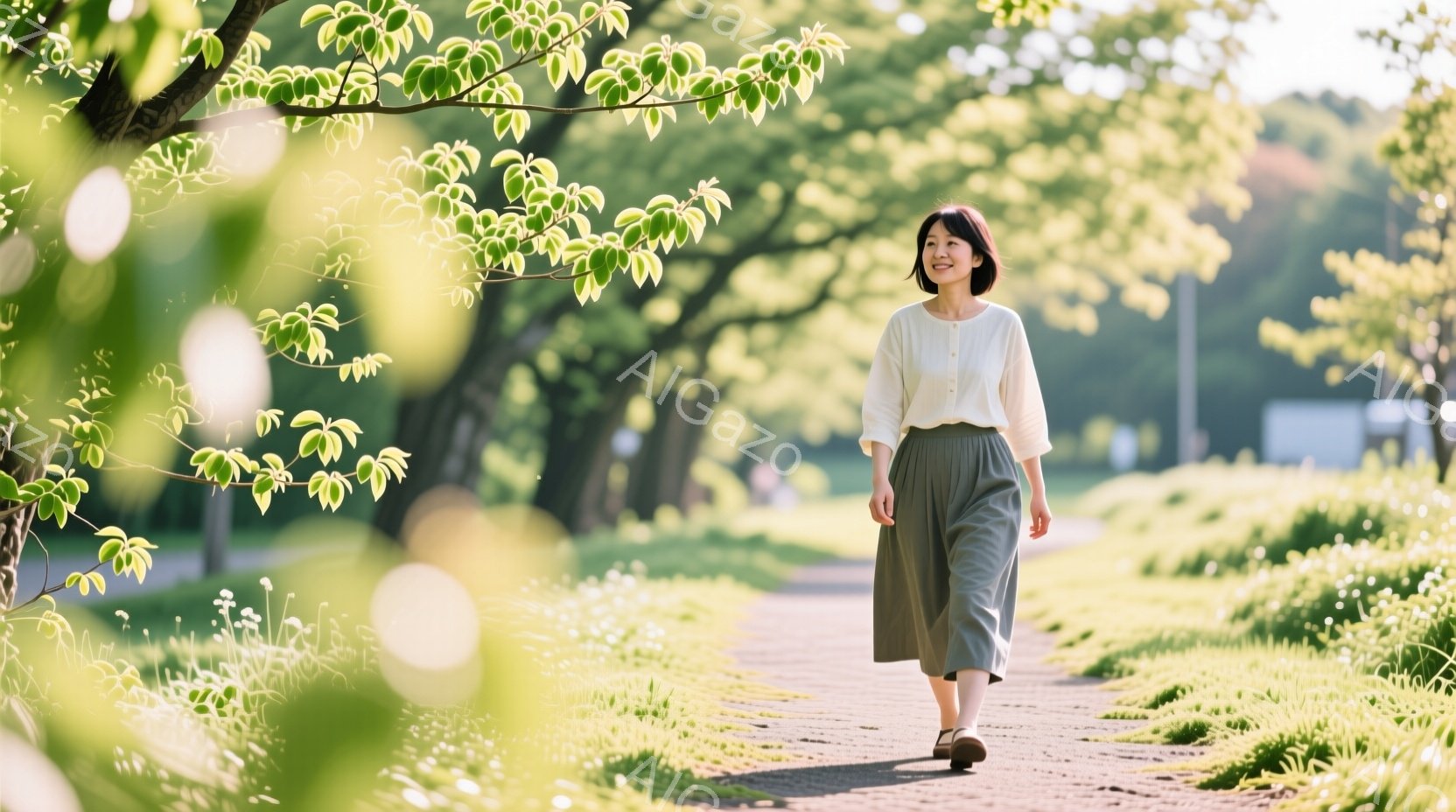 長い髪を後ろで一つに結んだ女性が、遊歩道を歩いている。明るいベージュ色のブラウスと、落ち着いた緑色のロングスカートを身につけ、穏やかな笑顔を浮かべている。背景には緑豊かな木々と遊歩道が広がり、晴れた日 - AI生成フリー素材