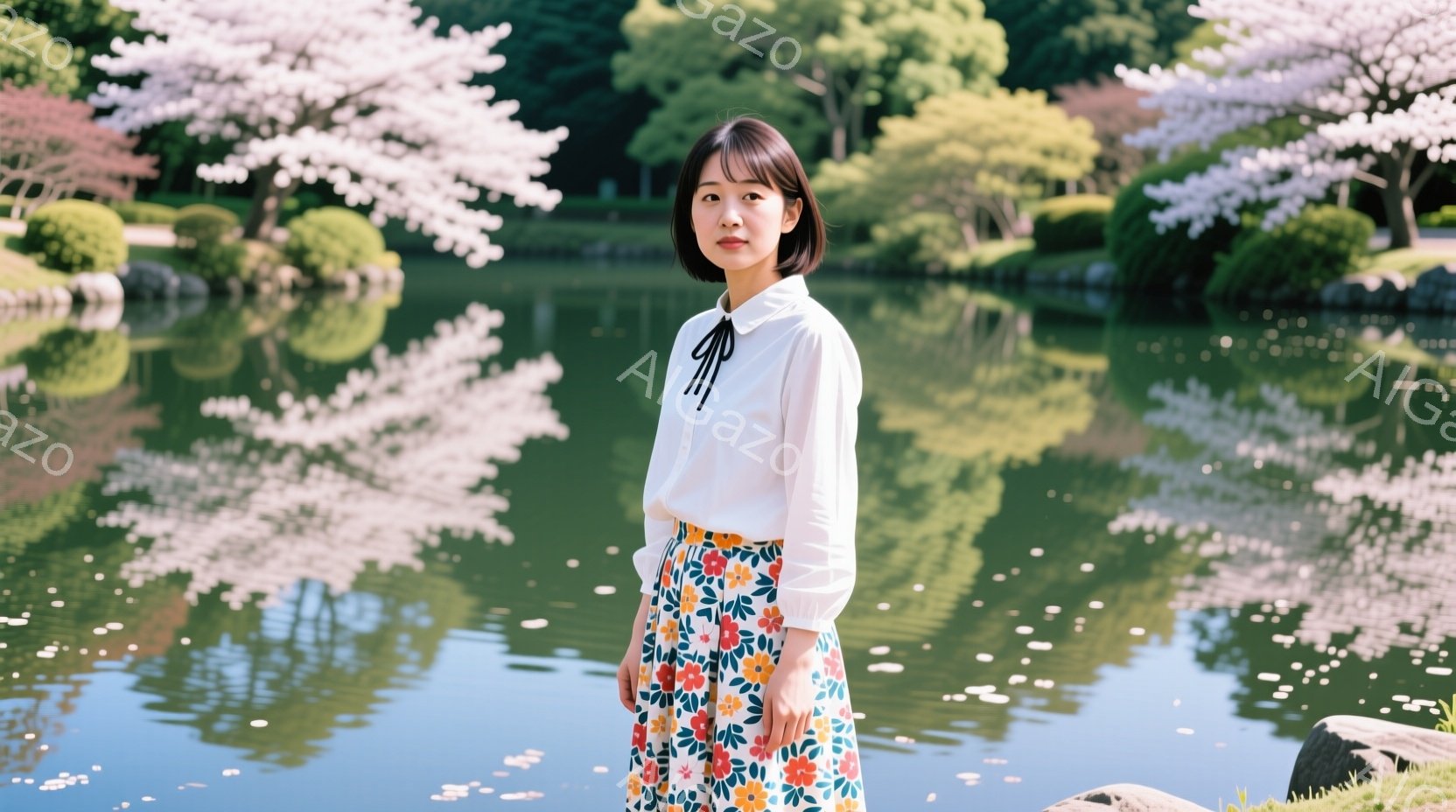 画像には、ピンク色の桜並木と緑色の池を背景に立つ若い女性が写っています。彼女は白いブラウスに花柄のスカートを着用し、黒髪を肩の長さで切り揃えています。女性はやや微笑み、リラックスした姿勢でカメラの方を見つめており、穏やかで春らしい雰囲気が漂っています。