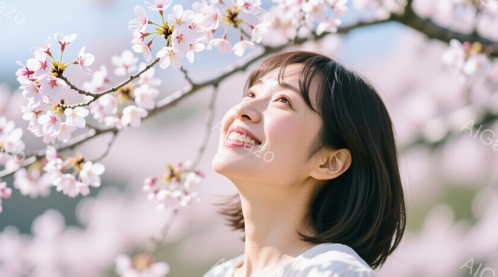 黒髪のショートヘアの女性が、満開の桜の木の下で顔を上げ、微笑んでいます。白いブラウスを着ており、背景にはぼやけた桜並木と、遠くに山々が見えます。全体的に柔らかい光に包まれ、春の暖かさと幸福感に満ちた雰囲気です。