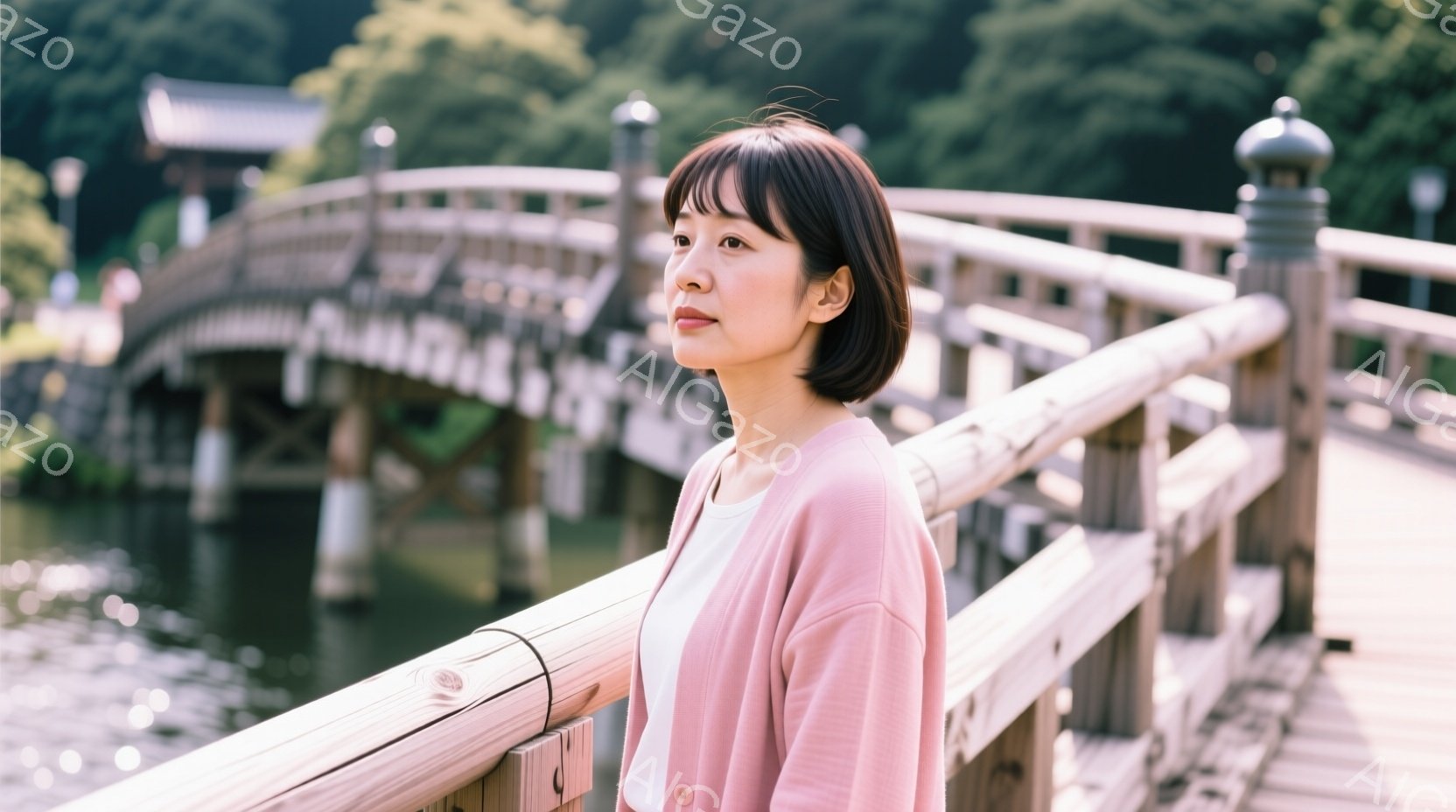 ショートカットの女性が、ピンク色のカーディガンを羽織り、白いシャツを着ています。彼女は橋の手すりに寄りかかり、遠くを見つめる表情をしています。背景には木製の橋と穏やかな水面、そして緑豊かな自然が広がっており、静かで落ち着いた雰囲気を醸し出しています。