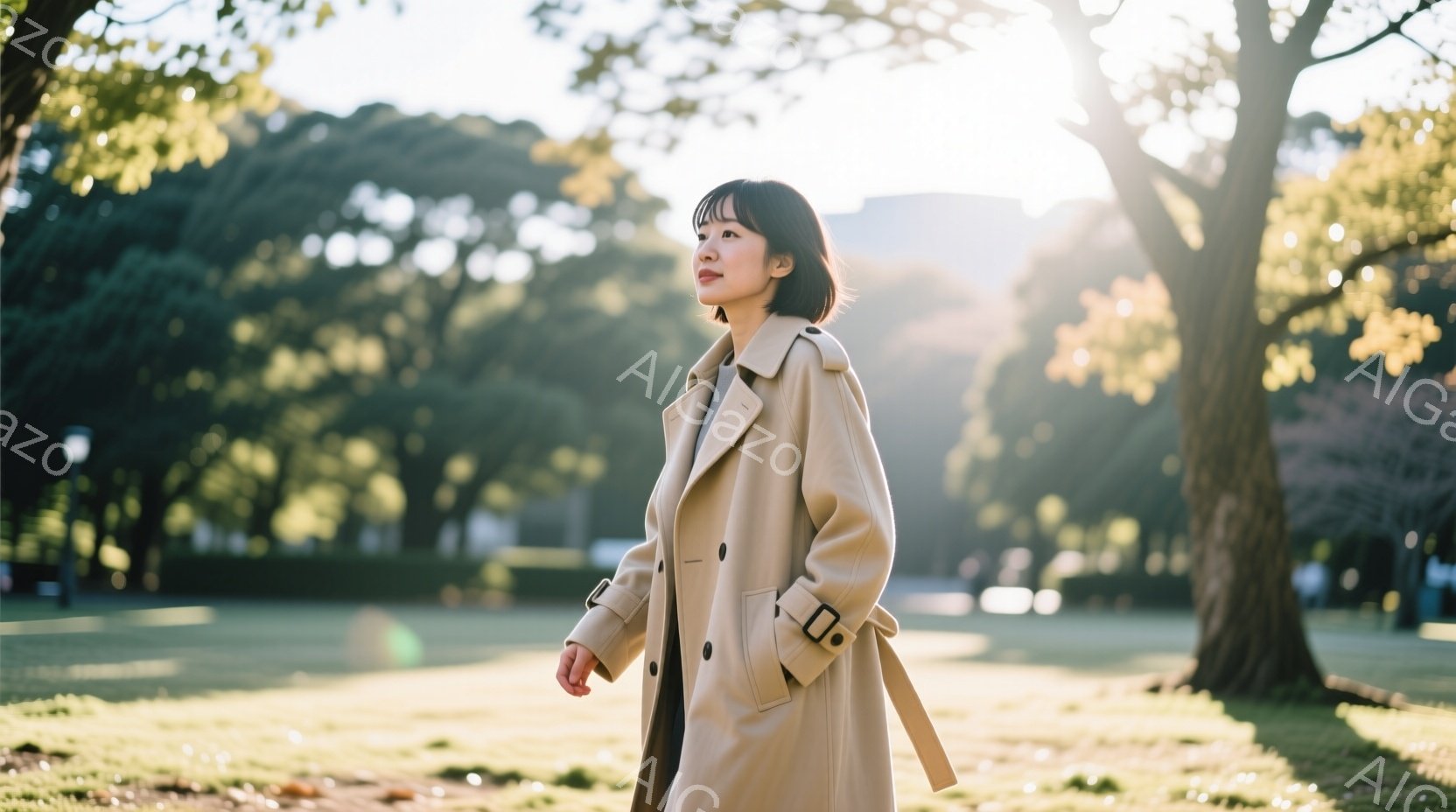 ベージュ色のトレンチコートを羽織った女性が、緑の芝生広場を歩いている。彼女は腰にベルトを締め、少し横を向いており、穏やかな表情で遠くを見つめている。背景には木々が見え、太陽の光が差し込み、春の穏やかな - AI生成フリー素材