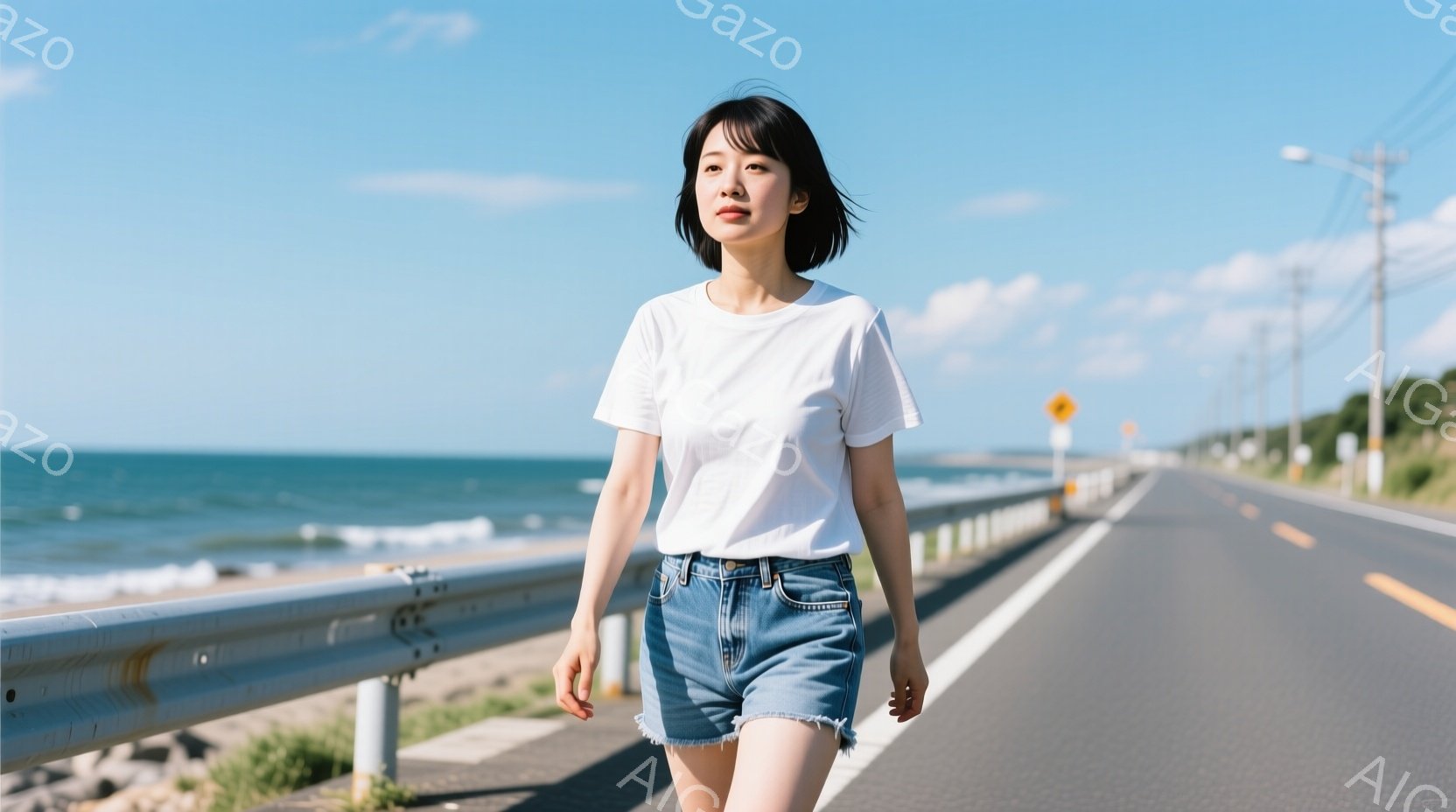 紺碧の海を見下ろす道路を、白いTシャツとデニムのショートパンツを着た女性が歩いている。彼女はダークトーンのショートヘアで、やや前方を見据えた表情をしている。背景には青い空と輝く海、そして緑の草地が広がり、晴れた日の開放的な雰囲気が漂う。