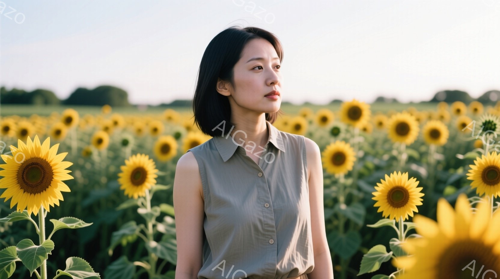 日向葵畑の中で、短髪の女性が佇んでいます。彼女はオリーブ色のシャツを着ており、顔には穏やかな表情が浮かんでいます。背景には一面に広がる日向葵が咲き乱れ、暖かく柔らかな光が降り注ぎ、平和な雰囲気を醸し出しています。