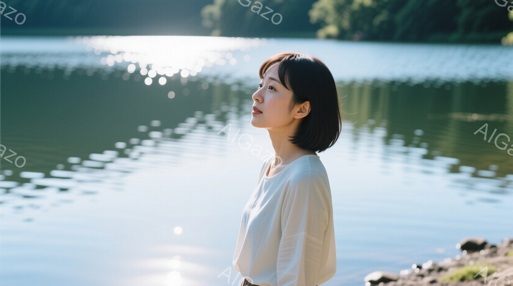 短い黒髪の女性が、穏やかな表情で湖の方向を見つめている。白いブラウスを着ており、背景には水面に反射する太陽の光が広がる穏やかな湖と緑豊かな自然が広がっている。 全体的に、静かで穏やかな、瞑想的な雰囲気 - AI生成フリー素材