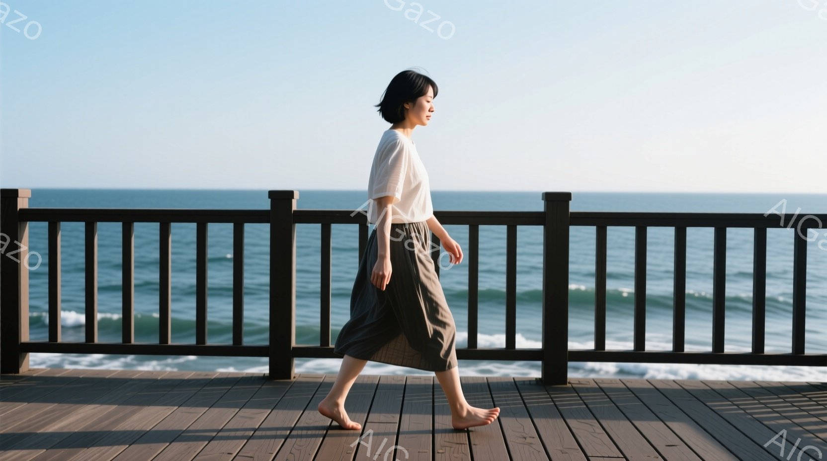 海岸沿いの木製のデッキを、女性が裸足で歩いている様子が写っている。ベージュのTシャツと、ゆったりとした灰色のスカートを身につけ、黒髪を短くカットしている。背景には穏やかな波が打ち寄せ、晴れた空が広がっており、リラックスした穏やかな雰囲気が漂っている。